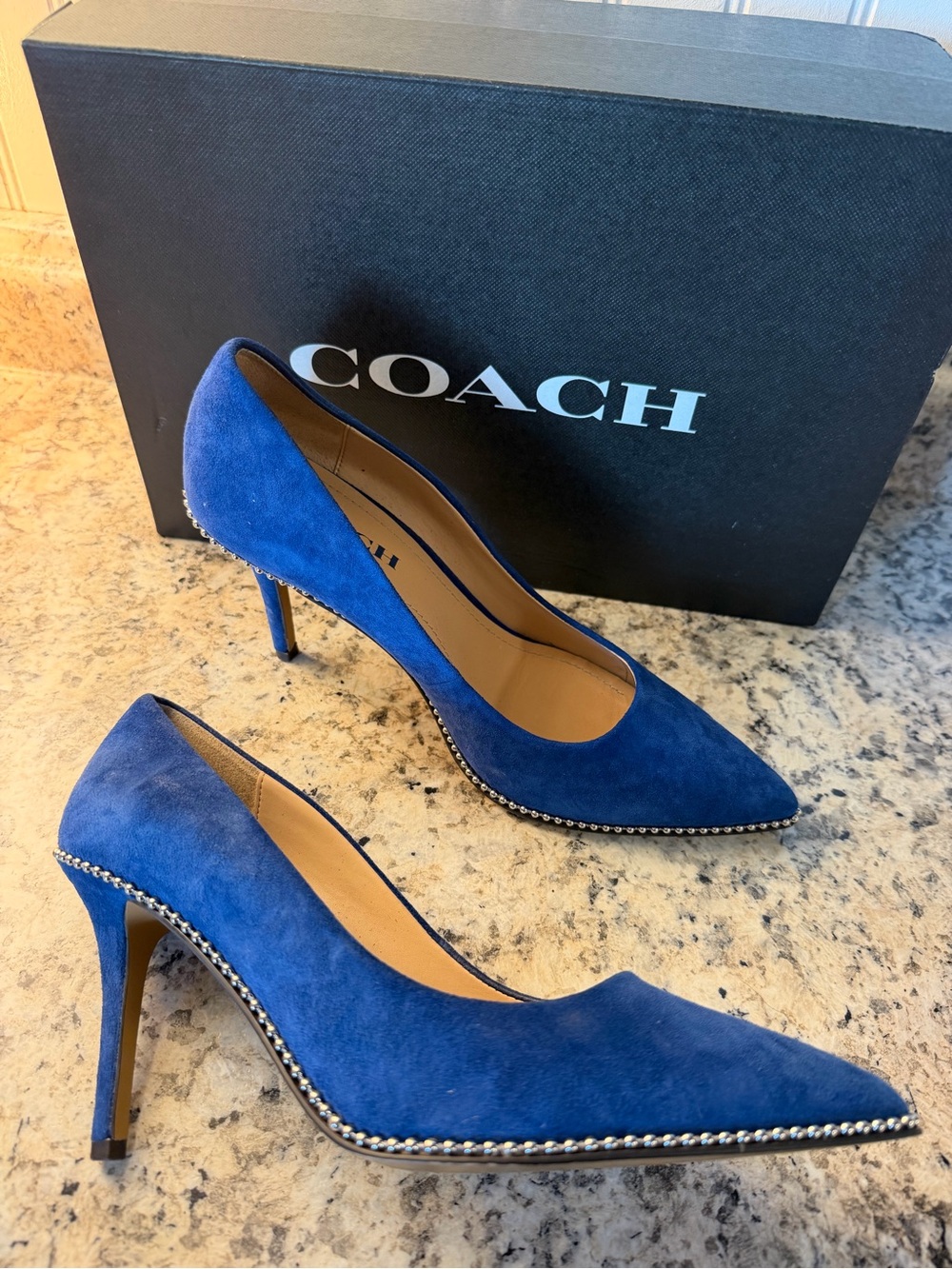 Coach Cobalt Royal Suede Blue Pointed-Toe Stiletto Pumps Heels Stud Trim Waverly